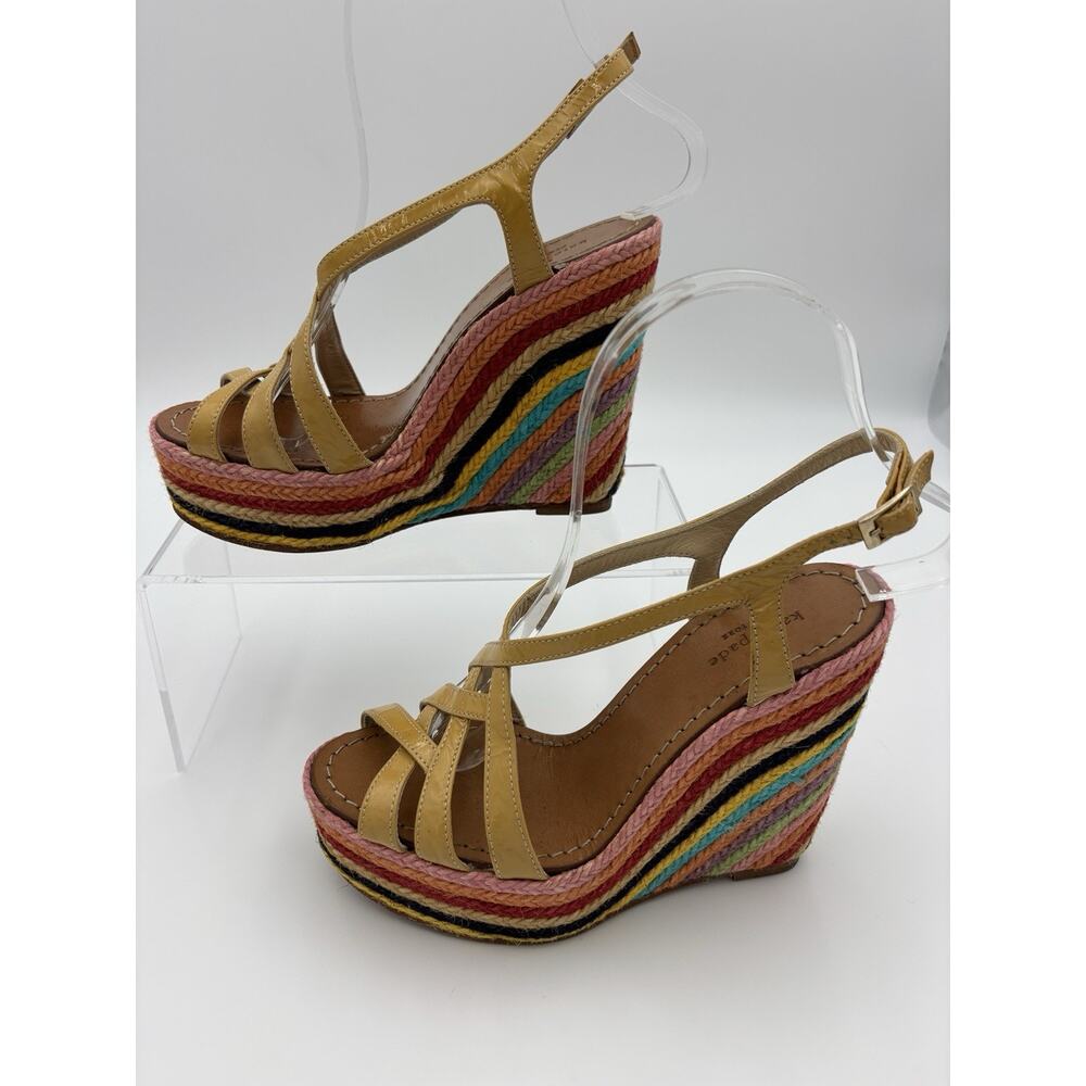 Kate Spade Lindsay Platform Wedge Rainbow Espadrille Sandal Gold Patent Size 6 - Picture 3 of 16